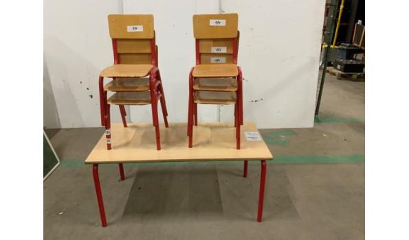 Reftertafel rood 120x60x54 + 6 stoelen zithoogte 34cm